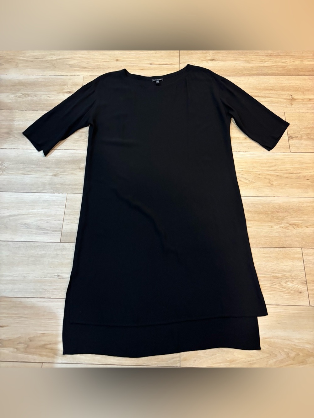 EILEEN FISHER $228 Solid Black Wide Neck 100% Silk Dress Size Medium M Mint